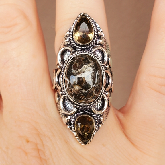 New Turtella Agate Fossil and Smoky Quartz 925 Silver Statement Ring. - Picture 13 of 16